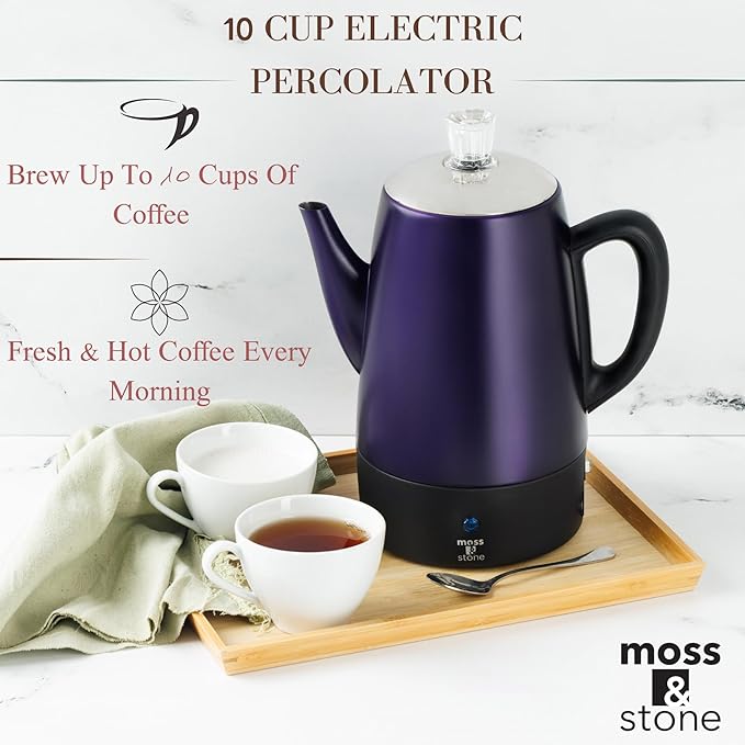 Moss & Stone Percolator Coffee Pot Electric 10 Cup, Stainless Steel Purple Coffee Maker, Coffee Percolator Electric With Keep Warm Function, 10 Cups Stainless Steel Percolator With Coffee Basket
