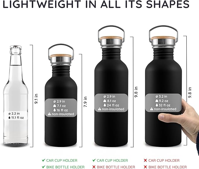 Bambaw 32 oz Water Bottle, Black Water Bottle Non-insulated, Single Wall Stainless Steel Bottle, Metal Water Bottle, Large Water Bottle 32oz, Reusable Water Bottle for Men and Women – Jet Black