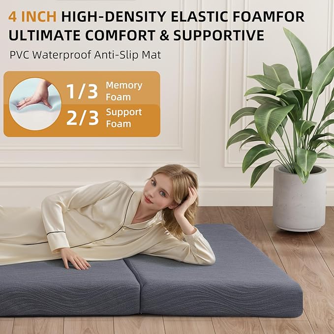 Memory Foam Camping Mattress Pad, 4 Inch Thick Waterproof Foldable Sofa Bed Floor Mattress, Portable Sleeping Pad for Adult, Sleeping Mat for Travel RV Camping Guest Yoga