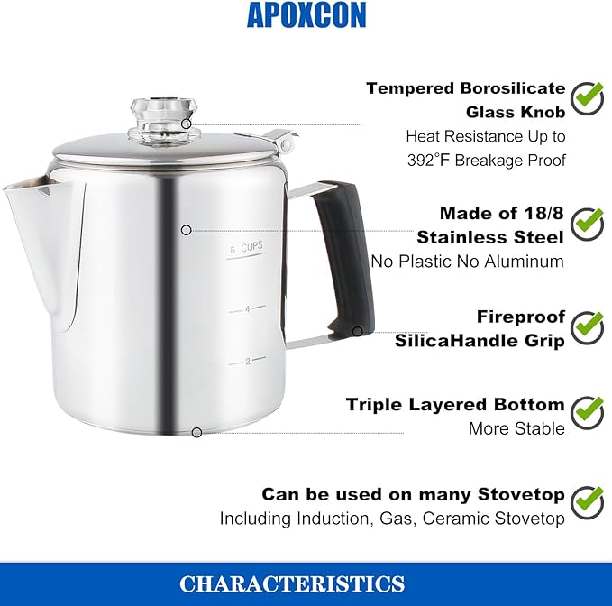 Multi Use Percolator Coffee Pot Stainless Steel Stove Top Coffee Maker with Two Tough Borosilicate Glass Knob Silica Handle Camping Coffee Pot Using on Campfire Stove & Induction Cooker Silver 6 Cup
