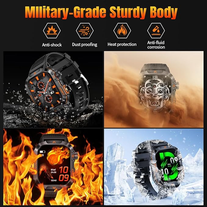 Military Smartwatch for Men LED Flashlight Bluetooth Call & IP68 Waterproof Heart Rate Blood Oxygen & Sleep Tracker Fitness Pedometer Android/iOS Compatible - Ideal for Hunting Hiking & Extreme Sports