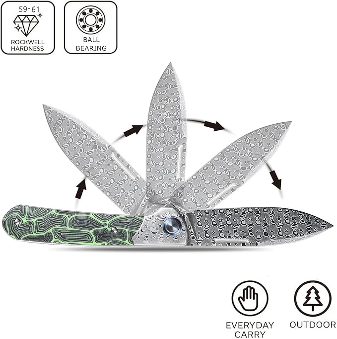 Sitivien ST256 Damascus Steel Folding Knife,Damascus Blade with Colorful G10 Handle EDC Knife for Outdoor Camping,Hiking, Fishing(Green) … …