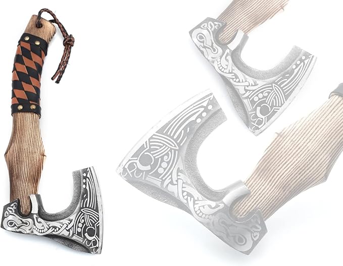 13” Inch Valhalla Axe – Carbon Steel Viking Axe Head with Engraved Handle, Hatchet Axe with Genuine Leather Sheath and Wrap, Camping Axe, Throwing Axe -Viking Gift for Men