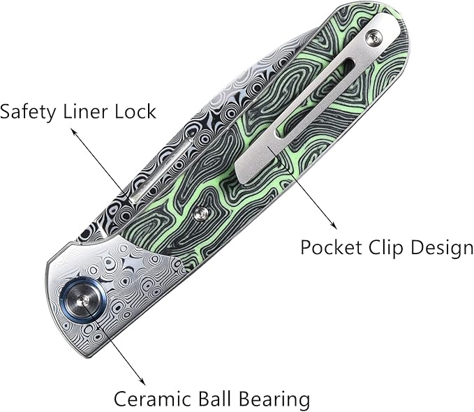 Sitivien ST256 Damascus Steel Folding Knife,Damascus Blade with Colorful G10 Handle EDC Knife for Outdoor Camping,Hiking, Fishing(Green) … …