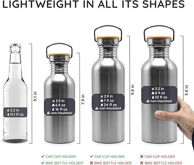 Bambaw 32 oz Water Bottle | Metal Water Bottle | Non-insulated Single Wall Stainless Water Bottle | Steel Water Bottle | Stainless Steel Water Bottles | Travel Water Bottle | 1 Liter Water Bottles