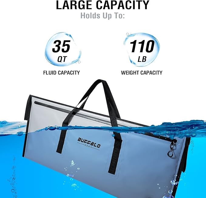 Buffalo Gear Insulated Fish Cooler - Leakproof Kill Bag with 2 Reusable Cooler Ice Packs - Portable Waterproof Zipper
