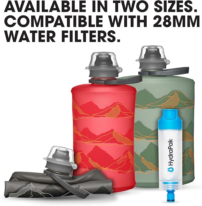 HydraPak Mountain Stow (500ml, 17oz) - Collapsible Water Bottle - Ultralight & Packable Travel Bottle, Flexible Ski, Hike, Bike or Climb Squeeze Flask - Sutro Green