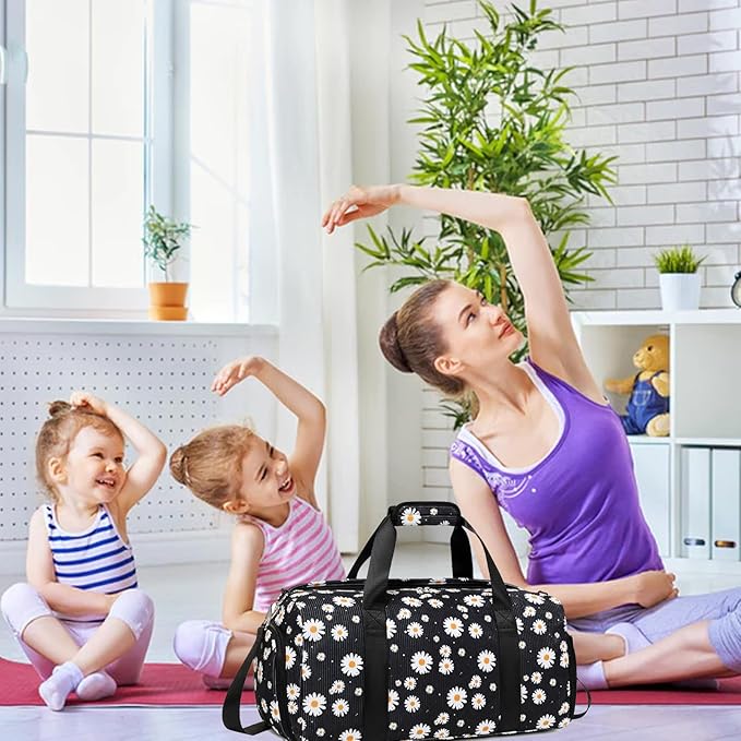Dance Bag for Girls Corduroy Kids Duffel Bag Ballet Bag for Girls Teen Women Sports Gym Bag Water Resistant Travel Duffle Bags with Shoes Compartment(black daisy)