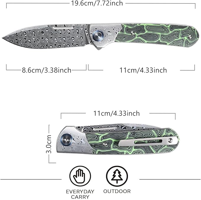 Sitivien ST256 Damascus Steel Folding Knife,Damascus Blade with Colorful G10 Handle EDC Knife for Outdoor Camping,Hiking, Fishing(Green) … …