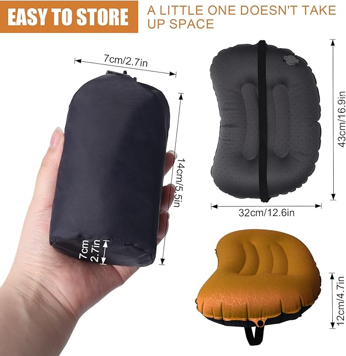 DAWNTREES Inflatable Pillow for Camping,Portable Compressible Ultra-light Travel Inflatable Pillow for Sleeping,Support The Neck and Lumbar,Backpacking Essentials (Orange)
