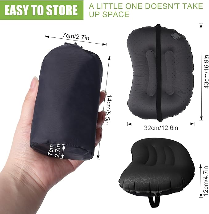 DAWNTREES Inflatable Pillow for Camping,Portable Compressible Ultra-light Travel Inflatable Pillow for Sleeping,Support The Neck and Lumbar,Backpacking Essentials (Black)