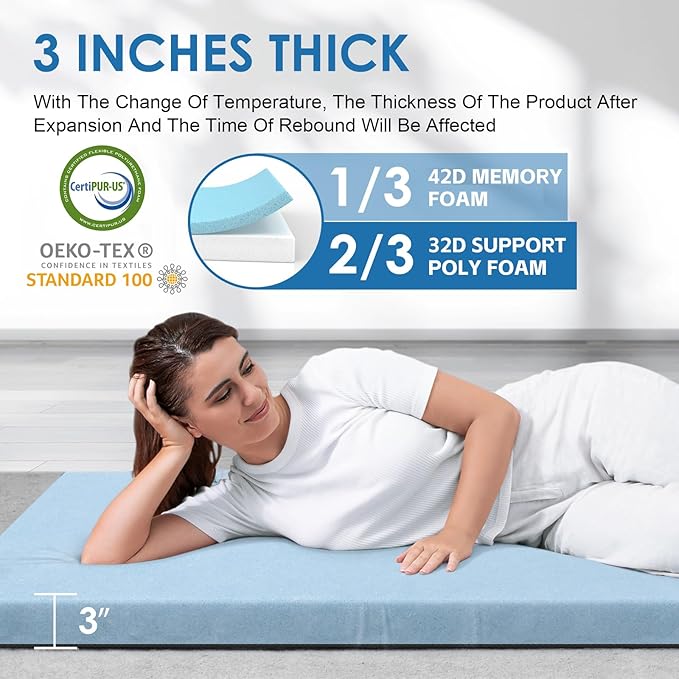 KingChii CertiPUR-US Memory Foam Camping Mattress, Portable Roll Up Travel Car Camping Mattress Sleeping Pad & Floor Mattress, Cot Mattress Guest Bed for Sleepover with Waterproof Cover & Travel Bag