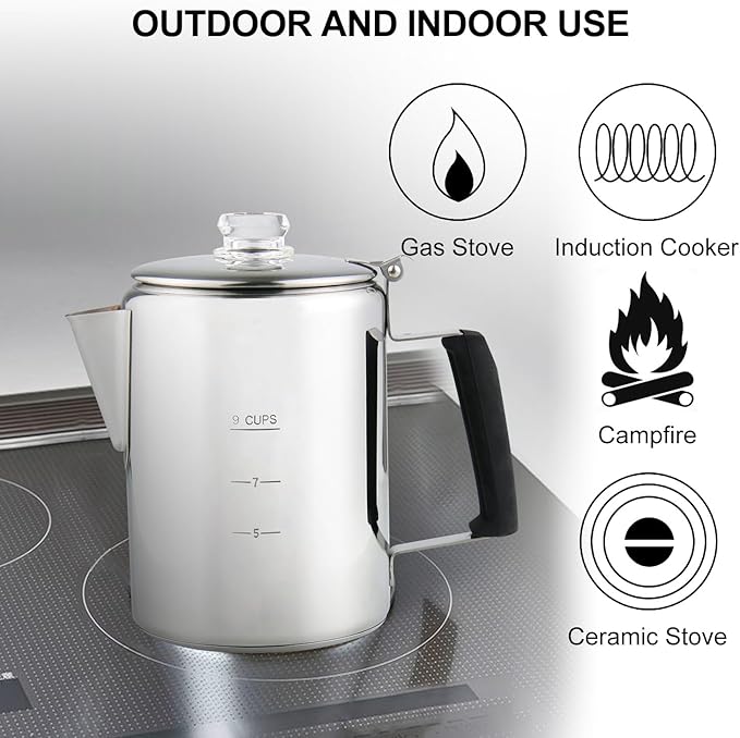 Multi Use 9 Cup Coffee Pot Bundle Coffee Percolator with 2 Mugs Stainless Steel Coffee Maker with Two Heat Resistant Borosilicate Glass Knob Fireproof Silica Handle Using on any Stovetop