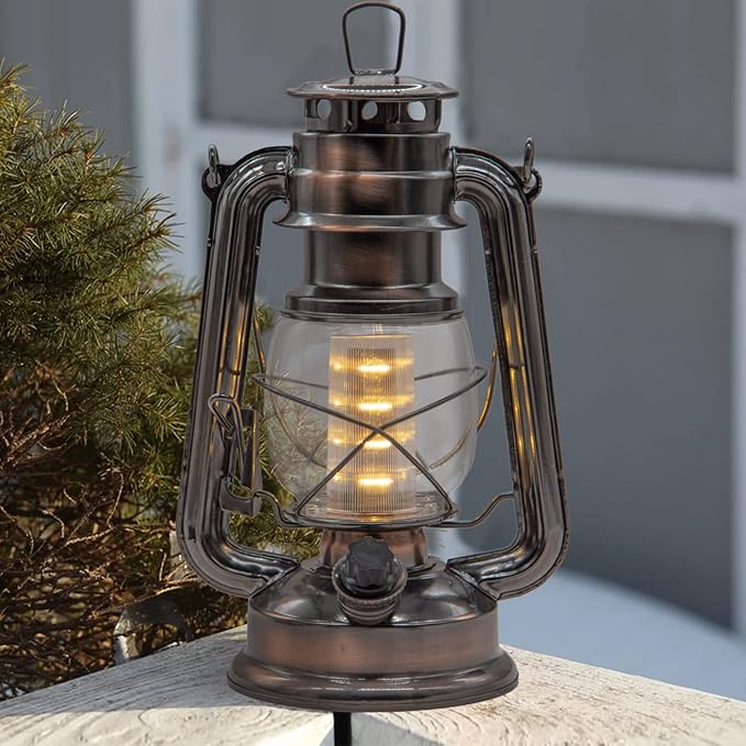 YAKii LED Vintage Lantern Metal Hanging Hurricane Lantern 12 LED Dimmer Switch Warm White Battery Operated Lantern Power Outage Indoor Camping Lighting Outdoor Brooklyn Lantern (Copper 2 Pack)