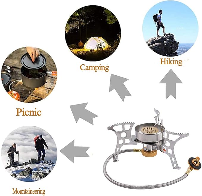 SVNVIOZ Camping Stove Windproof Backpacking Stove with Piezo Ignition, Plastic Storage Box, 2 Types Fuel Canister Adapters, Camping Gear Portable Stove for Outdoor Camping Hiking Cooking