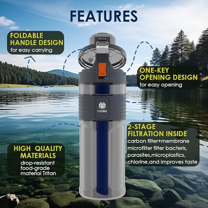 Straw Filter Water Bottle Outdoor Water Bottle with Filter Water Purifier Filtration Bottle Survival Emergency Hiking Travel and Backpacking Water Filter 17oz