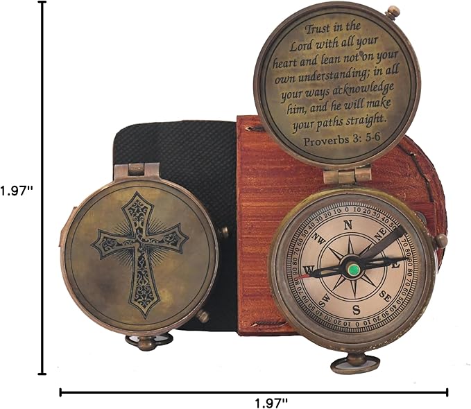 Trust in The Lord with All Your Heart -Proverbs 3: 5-6 Quote Engraved Compass with Leather Box, Compass Gift, 2023 Graduation Day Gifts- Baptism Gifts Compass