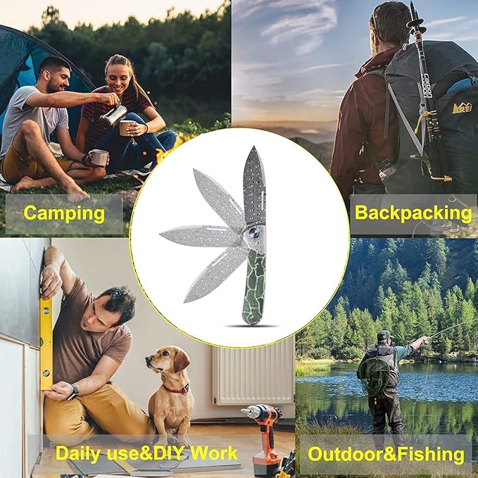 Sitivien ST256 Damascus Steel Folding Knife,Damascus Blade with Colorful G10 Handle EDC Knife for Outdoor Camping,Hiking, Fishing(Green) … …