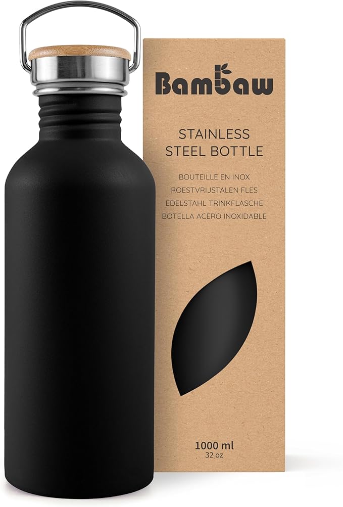 Bambaw 32 oz Water Bottle, Black Water Bottle Non-insulated, Single Wall Stainless Steel Bottle, Metal Water Bottle, Large Water Bottle 32oz, Reusable Water Bottle for Men and Women – Jet Black