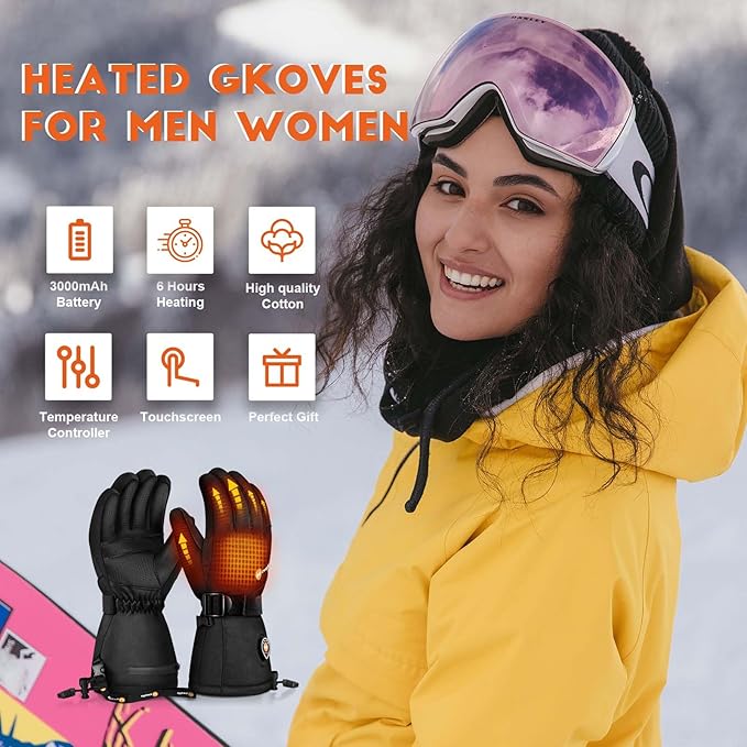 Heated Gloves for Men Women 7.4V Battery Rechargeable Heated Ski Gloves Touchscreen Waterproof Electric Heated Gloves for Winter Outdoor Work Skiing Hiking Camping