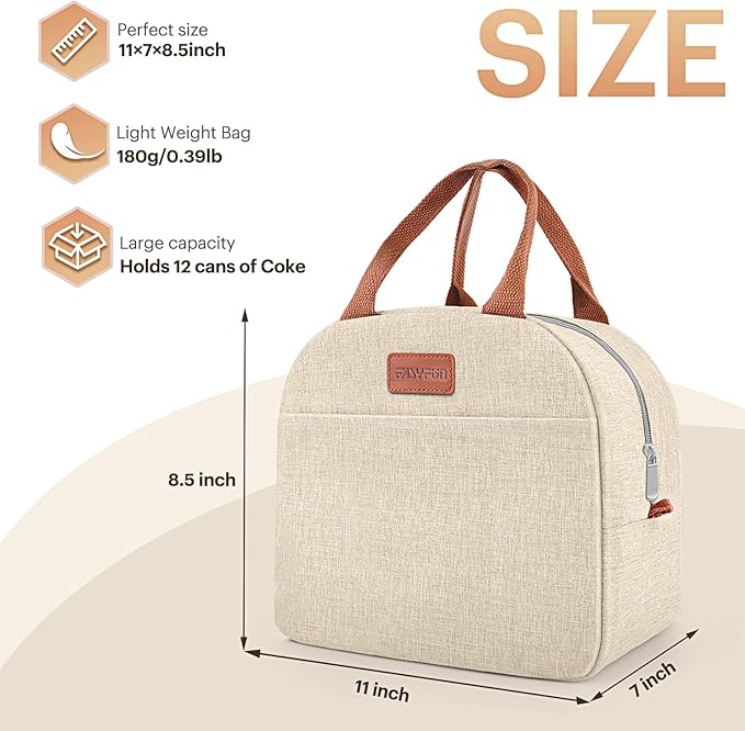 Lunch Bag for Women & Men Adult Insulated Lunch Box, Small Leakproof Cooler Food Lunch Containers Reusable High Capacity Lunch Tote Bags for Work, Travel, Outdoor (Beige)