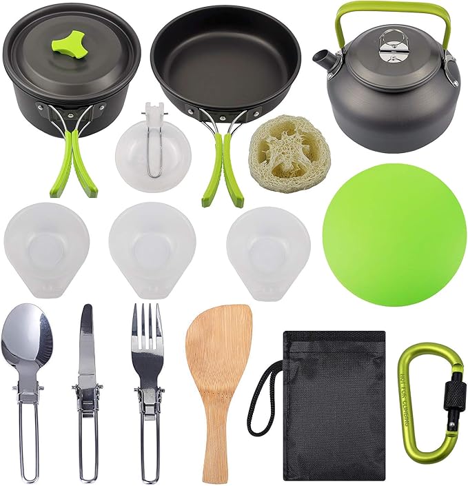 Peidesi Camping Cookware Mess Kit, Portable Camp Stove Pots and Pans Set, Carabiner, Folding Knife, Fork Spoon Kit, Carry Mesh Bag,Teapot for Backpacking, Outdoor Camping, Hiking and Picnic(16Pcs)