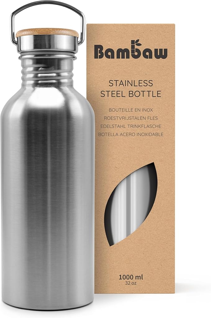 Bambaw 32 oz Water Bottle | Metal Water Bottle | Non-insulated Single Wall Stainless Water Bottle | Steel Water Bottle | Stainless Steel Water Bottles | Travel Water Bottle | 1 Liter Water Bottles