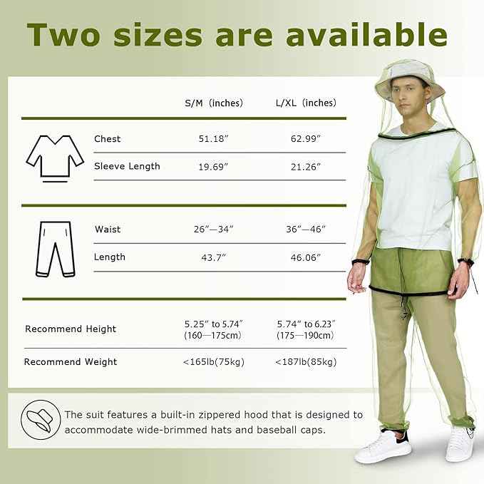 HENNCHEE Mosquito Suits for Adults, Mesh Net Bug Jacket Pant Suit, Outdoor Full Body Protection Mosquito Proof Clothing