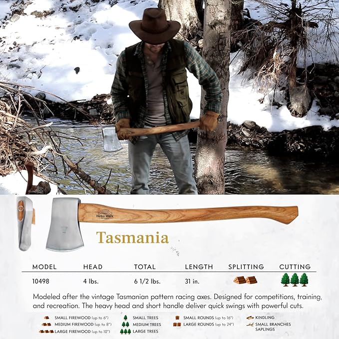 1844 Helko Werk Germany Classic Tasmania Competition Axe - Made in Germany Timber Sporting Axe, Wood Chopping Axe, Racing Axe for Timber Sport - Head 4lbs, Handle 31in (Tasmania) #10498