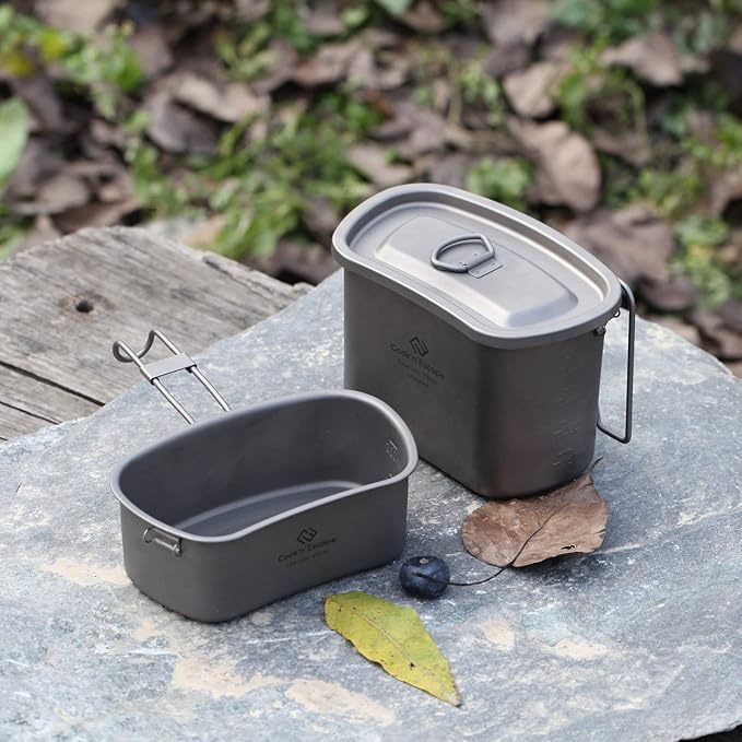 COOK'N'ESCAPE Titanium Camping Cookware Titanium Canteen Mess kit, Camping Canteen with Pot and Pan Set, Portable Lightweight Cookware for Outdoor Hiking Backpacking Picnic