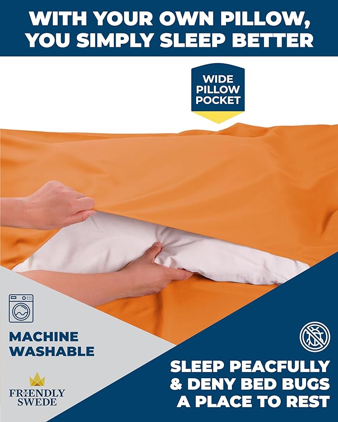The Friendly Swede Sleeping Bag Liner - Cold Weather Camping Sheets & Adult Sleep Sack with Full Length Zipper; Microfiber Soft Travel Sheets for Hotel with Stuff Sack - Orange (Zipper)