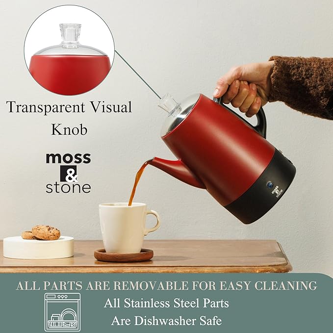 Moss & Stone Electric Coffee Percolator – Red Body Coffee Maker with Stainless Steel Lid, Percolator Electric Pot, Fast Boil 10 Cup Red Camping Coffee Pot