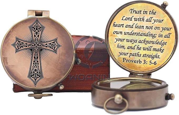 Trust in The Lord with All Your Heart -Proverbs 3: 5-6 Quote Engraved Compass with Leather Box, Compass Gift, 2023 Graduation Day Gifts- Baptism Gifts Compass