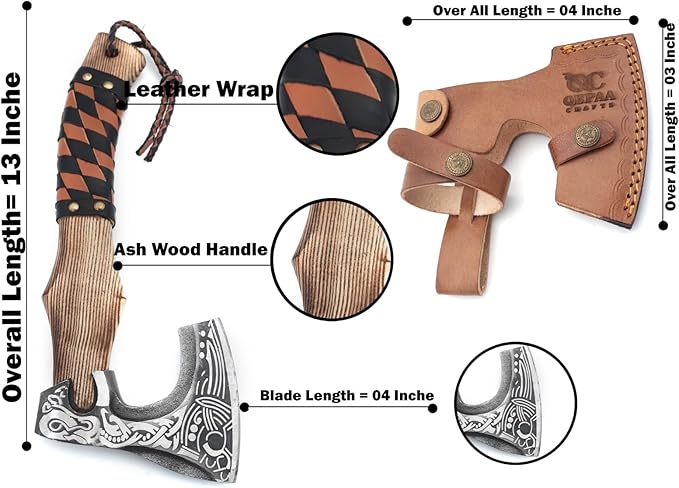 13” Inch Valhalla Axe – Carbon Steel Viking Axe Head with Engraved Handle, Hatchet Axe with Genuine Leather Sheath and Wrap, Camping Axe, Throwing Axe -Viking Gift for Men