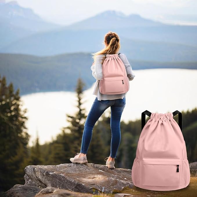 Sports Drawstring Backpack String Swimming Gym Bag Backpack with Shoes Compartment and Pocket for Men Women(pink