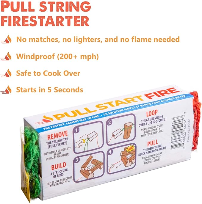 Pull Start Fire Pull String Firestarter | No Matches Required, Fire Starts in Seconds | for Campfires, Grill, Fireplace, BBQ | Lights Wet Wood, Easy to Use, Food Safe and Weather Resistant | 4 Pack