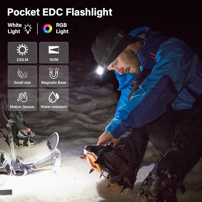 EDC Flashlight, Mini Pocket Flashlight Rechargeable Headlamp, 230 Lumens Small Flashlight, Handheld Flash Light for Emergencies Camping Hiking, RGB Flashlight with Motion Sensor-White