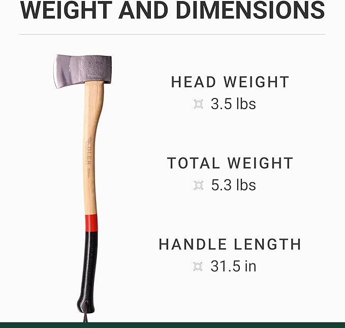 Adler - The Yankee Axe, Hickory Wood, Leather Sheath, German Made, Anti-Slip Head 1.35 pounds, Handle 19.5 inches (Red Stripe)