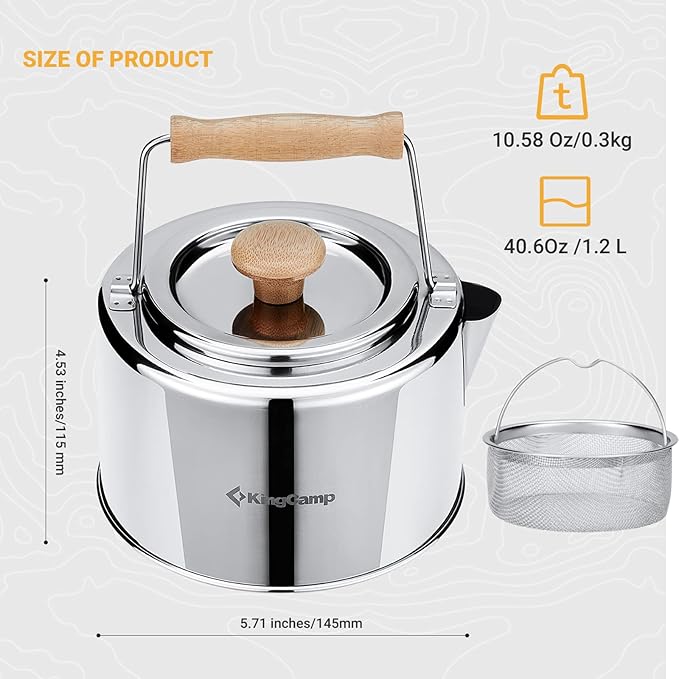 KingCamp 1.2L Camping Kettle Camp Tea Coffee Pot Large Outdoor Hiking Portable 1.27 Quart Camping Tea Kettle I 304 Stainless Steel