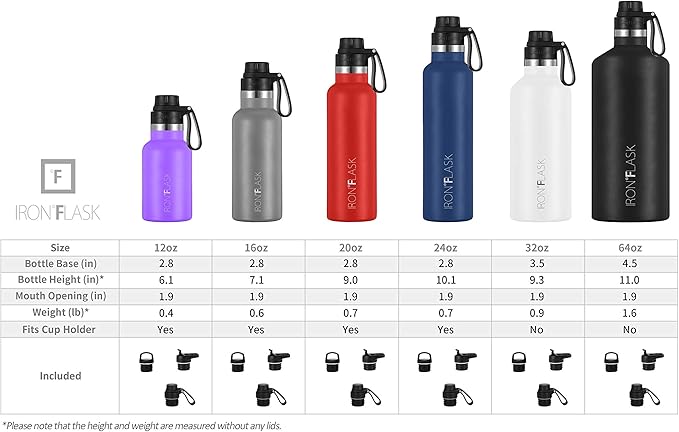 IRON °FLASK Camping & Hiking Hydration Canteens - 3 Lids (Narrow Straw/Spout Lid) Leak Proof Vacuum Insulated Stainless Steel - Hot & Cold Double Walled Sports Water Bottle