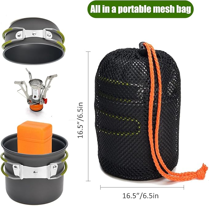 Camping Cookware Set Portable Backpacking Stove Kit, Mini Camp Stove with Non-Stick Lightweight Pots Pans and Stainless Steel Fork Knife Spoon for Outdoor Camping Hiking Cooking Gear