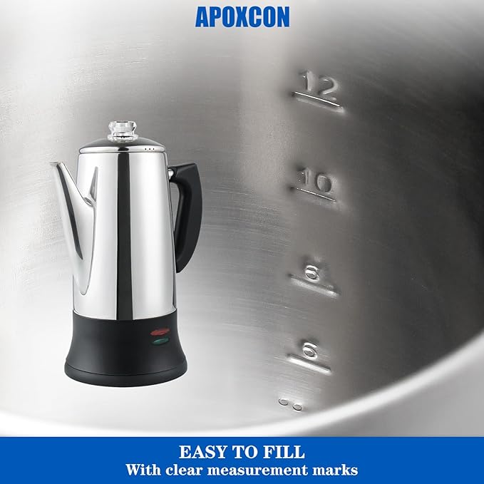 Electric Coffee Percolator Stainless Steel Coffee Maker with Heat Resistant Tough Glass Clear Brew Progress Knob, Keep Warm & Cordless Serving Classic Coffee Pot with On/OFF Switch 12 Cup