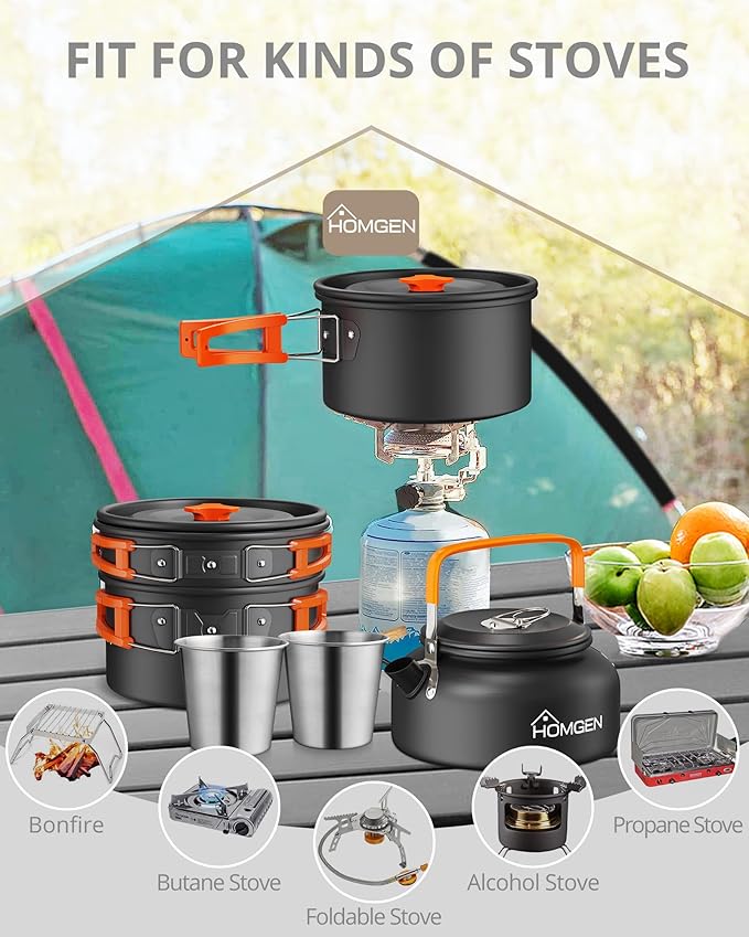 HOMGEN Camping Cooking Set Camping Pots and Pans Set Aluminium Camping Cookware Kit Protable Cooking Mess Kit Lightweight Camping Cooking Equipment for 2-3 People Perfect for Camping Picnic Hiking etc