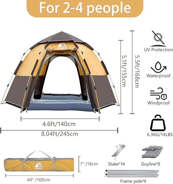 Hewolf 2/3/4 Person Camping Tent - Instant Pop Up Waterproof 2 Doors Tent with Easy Setup | 3-Season Hexagonal Dome Design for Family, Hiking & Traveling