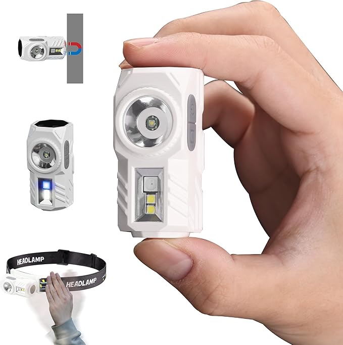 EDC Flashlight, Mini Pocket Flashlight Rechargeable Headlamp, 230 Lumens Small Flashlight, Handheld Flash Light for Emergencies Camping Hiking, RGB Flashlight with Motion Sensor-White