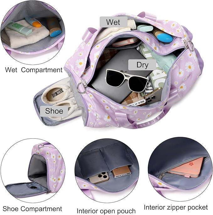 Dance Bag Ballet Bag for Girls Teen Travel Duffel Bags Sports Gym Bag Yoga Bags Cheer Bag Girls Weekender Bag Corduroy Daisy Dance Bag with Shoe Compartments(purple daisy)