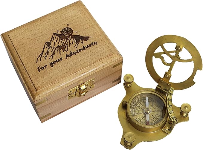 Compass with for Your Adventures Engraved on Wooden Box | Brass Pocket Compass Gifts for Men, Him, Son, Husband, Grandson, Boys | Sundial Compass Gift for Graduation, Baptism, Confirmation