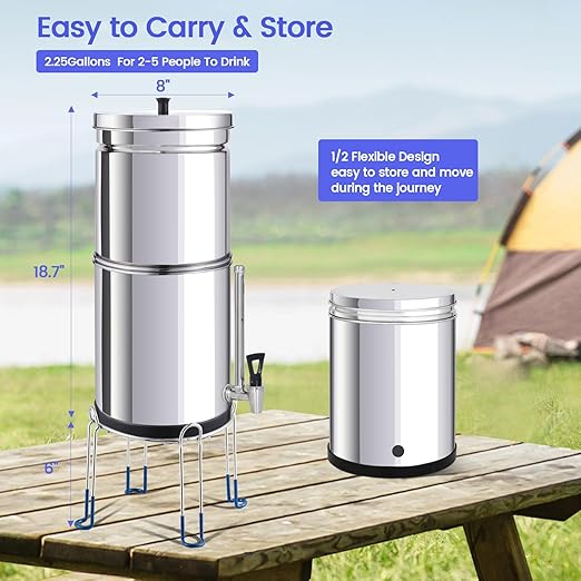 NSF/ANSI 42&372 Standard Stainless Steel Portable Gravity-Fed Water Filter System 2.25 Gallons Water Filter System with Filter and Sight Glass Spigot at Home and Camping
