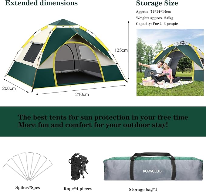 KOMCLUB Camping Tent 1/2/3 Person Tents for Family Camp Tent Waterproof Windproof Outdoor for Backpacking Hiking Easy Setup with Storage Bag,8 Ground ding,4 Windproof Rope