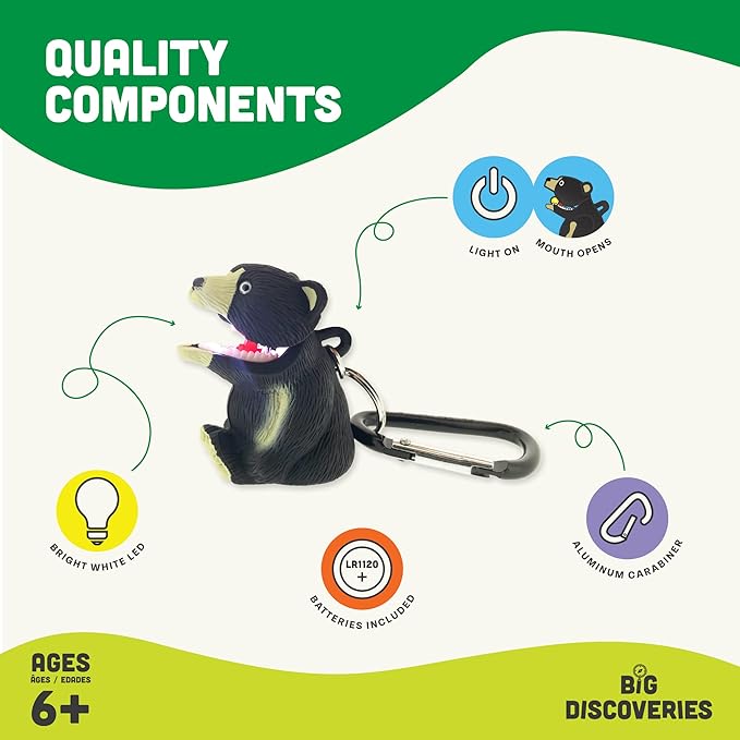 Big Discoveries WildLight Animal Carabiner Flashlight - Fun Mini Keychain Flash Lights for Kids, Nurses, Camping